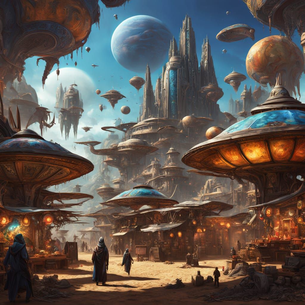 Alien Marketplace on Desert Planet in Digital Painting Style