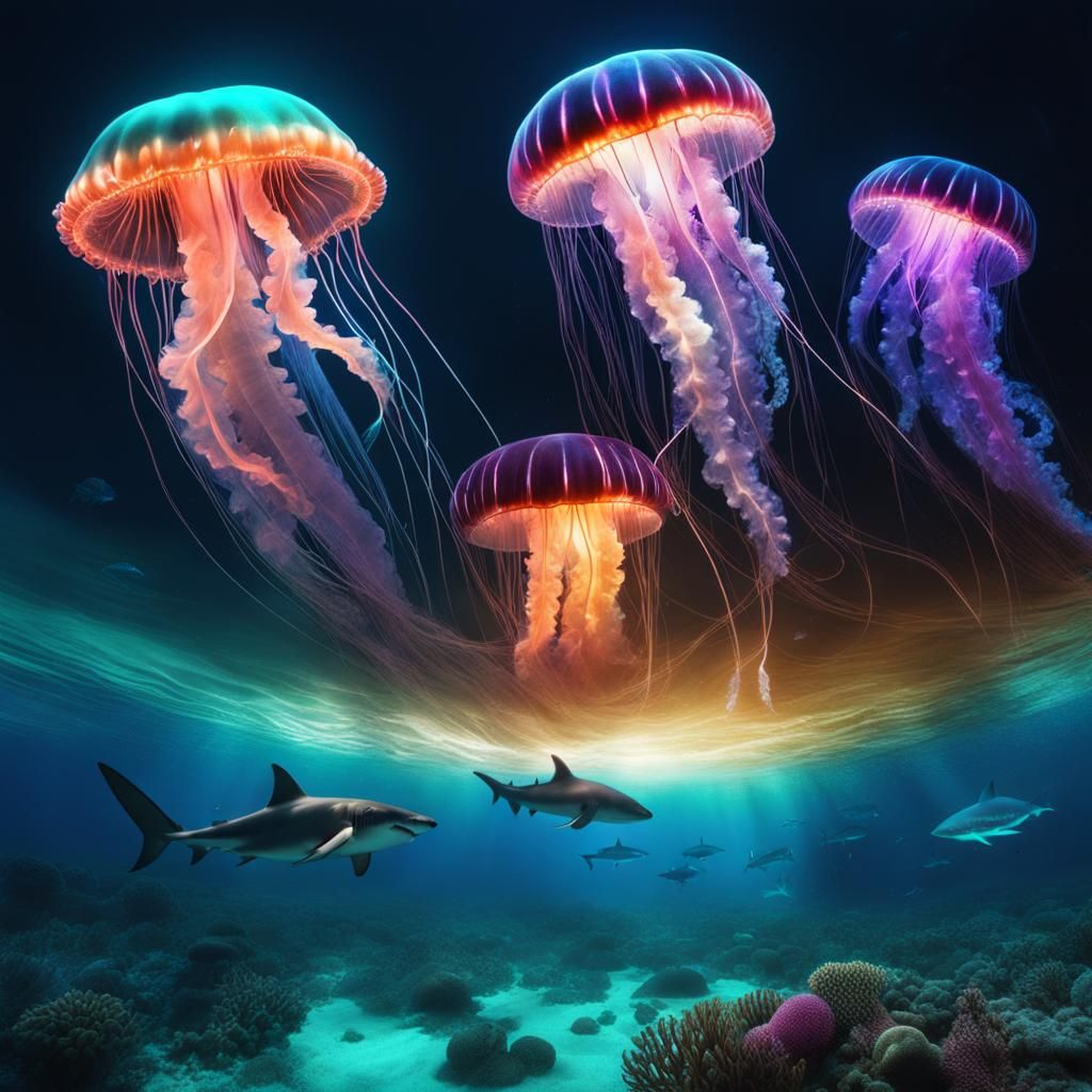 Double Exposure: Fluorescent Shark and Jellyfish