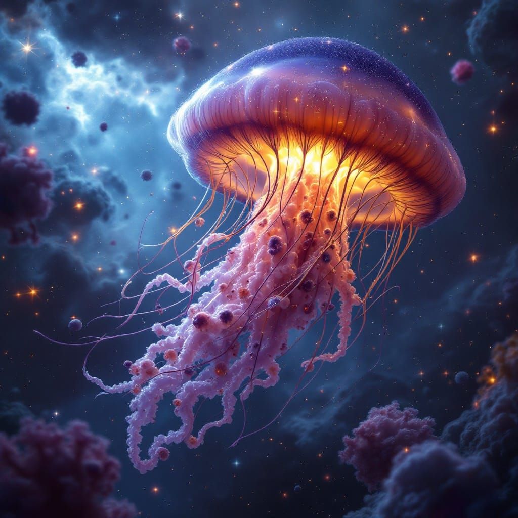 Surreal Bioluminescent Jellyfish Drifts through Cosmic Nebul...