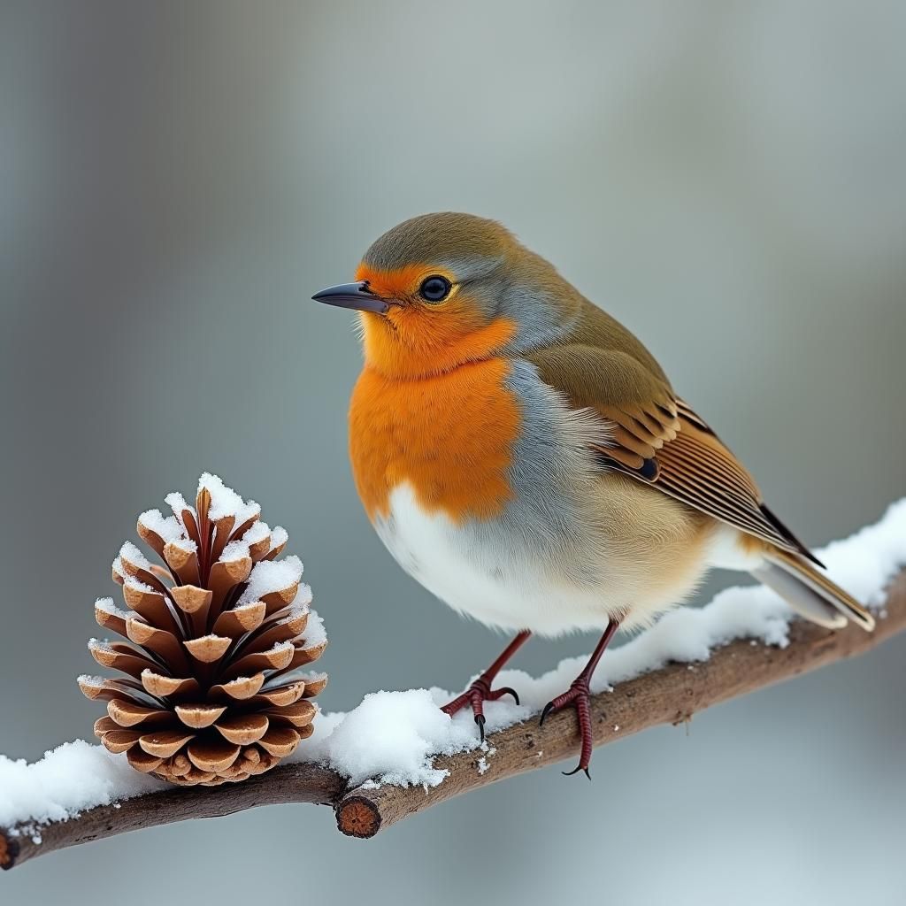 Bird on Snowy Branch in Hyperrealistic Winter Scene