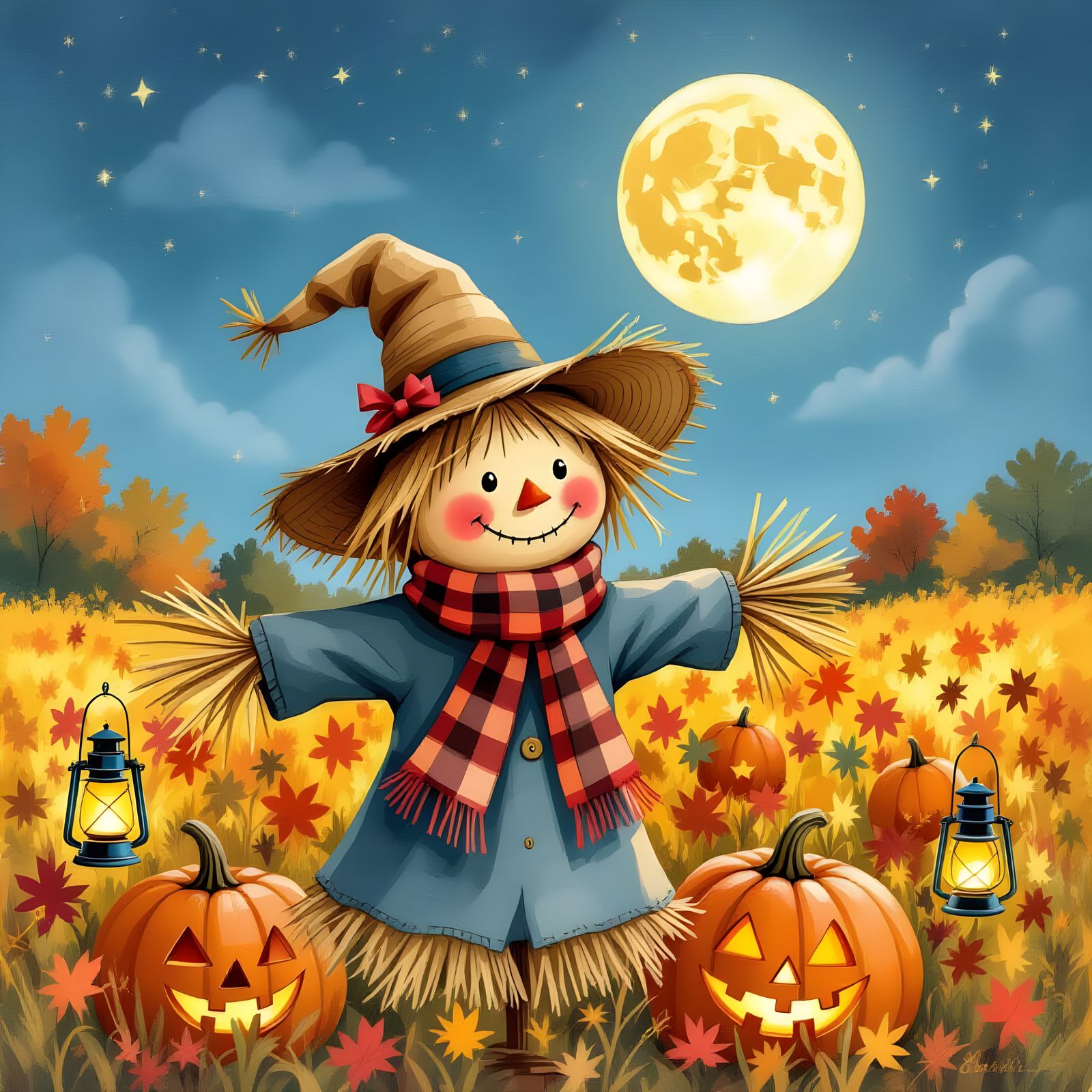 Whimsical Scarecrow in Pumpkin Field Under Harvest Moon