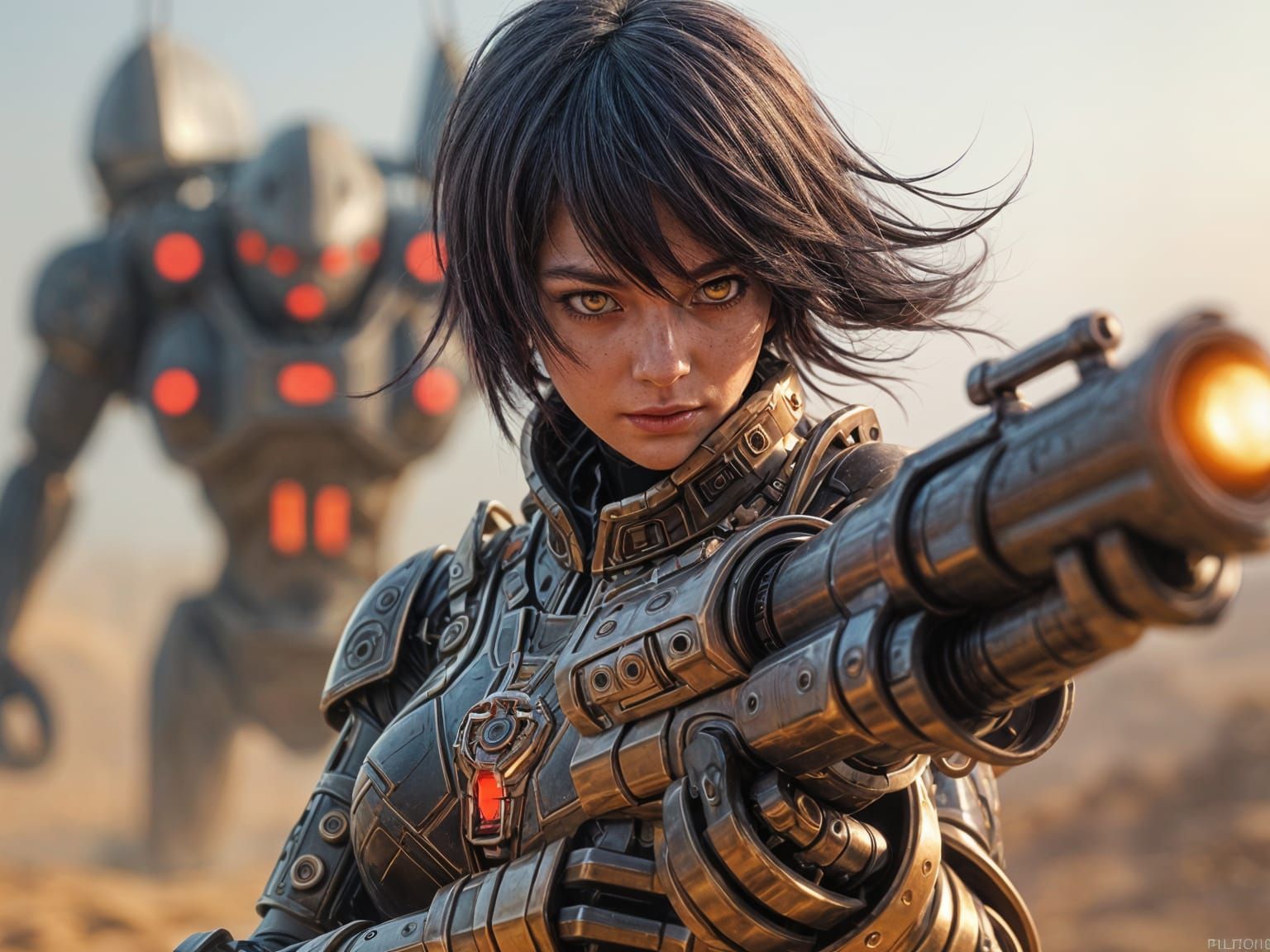 Cyberpunk Mecha Girl Soldier on Alien Battlefield