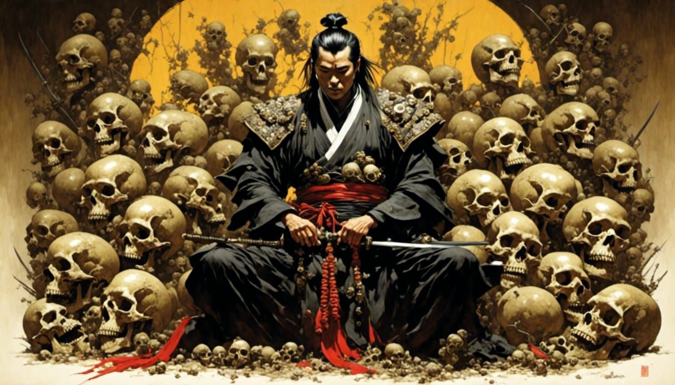 Praying Samurai Surrounded by Skulls in Rockabilly Style