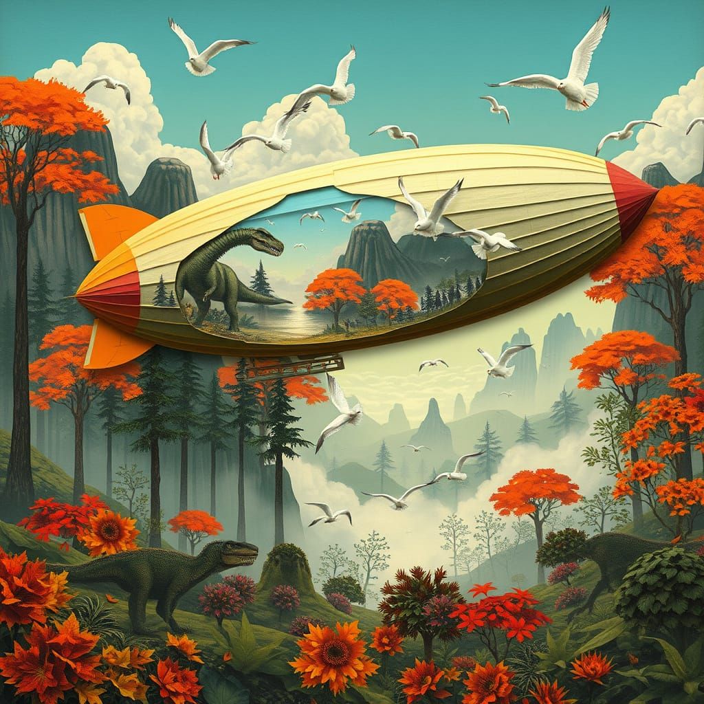 Retro-Futuristic Zeppelin in Prehistoric Jungle as Collage A...