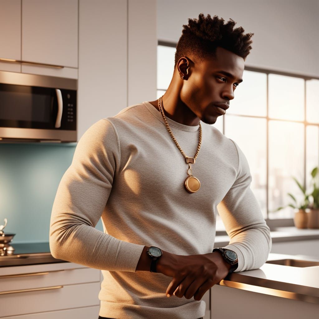 Stylish Man in Modern Kitchen, Vivid Digital Art