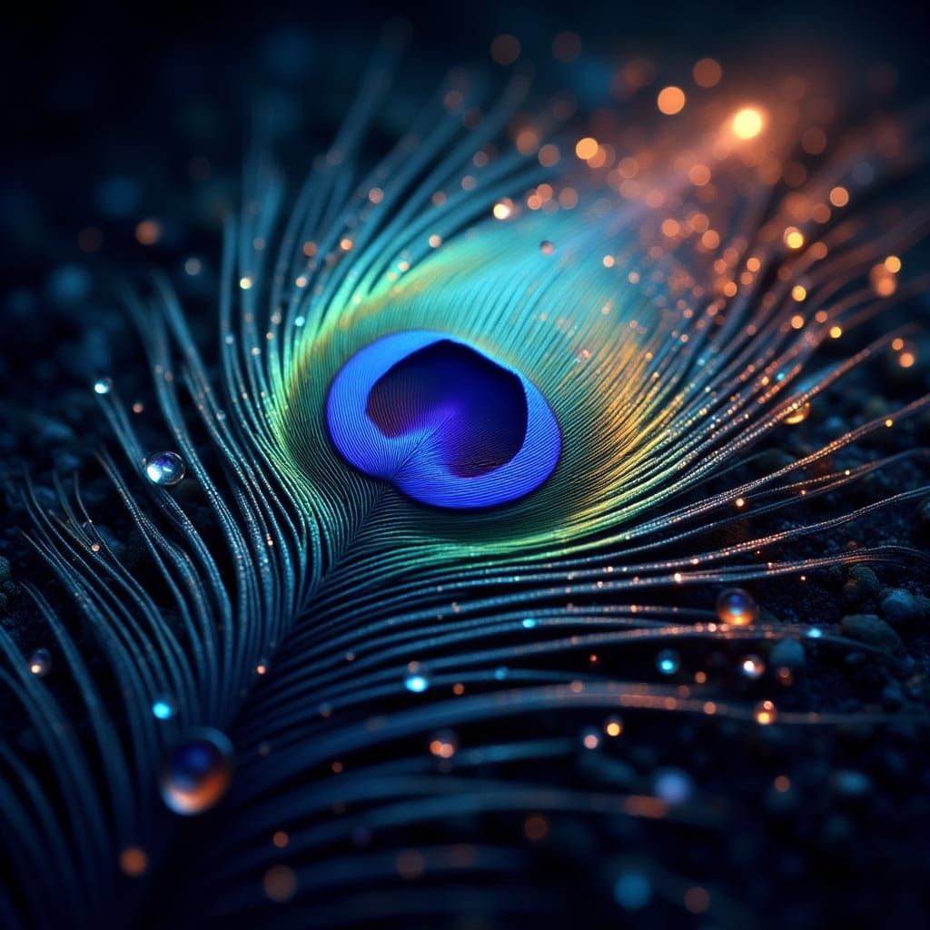 Luminescent Peacock Feather with Water Droplets