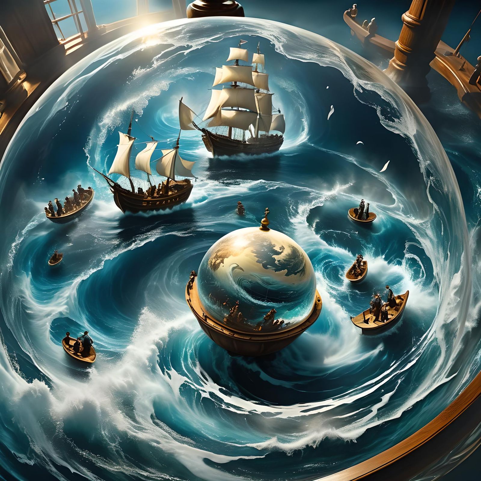 Maelstrom Swallowing Galleons Inside Transparent Orb