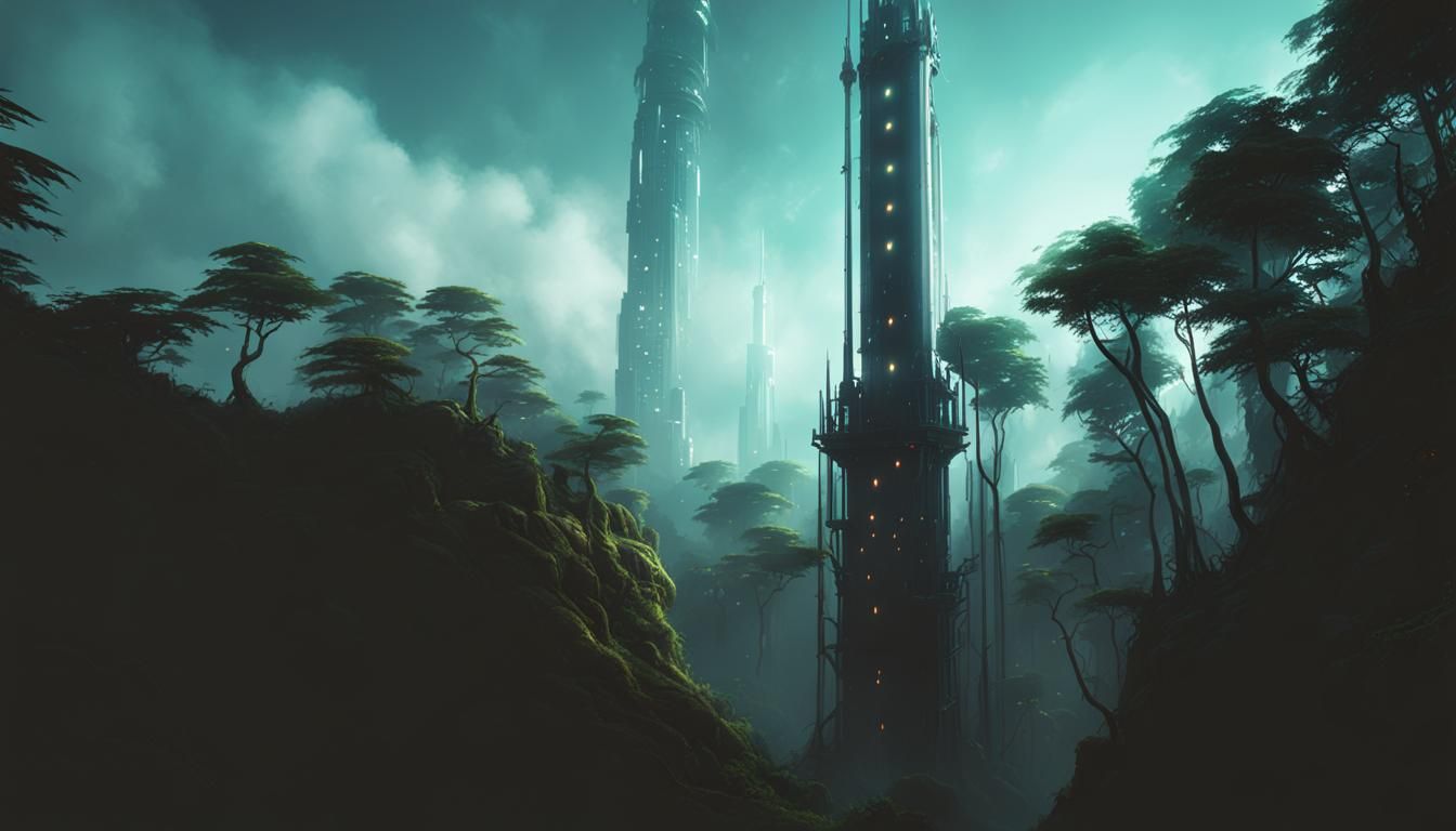 Dystopian Metallic Space Elevator in Rotten Jungle