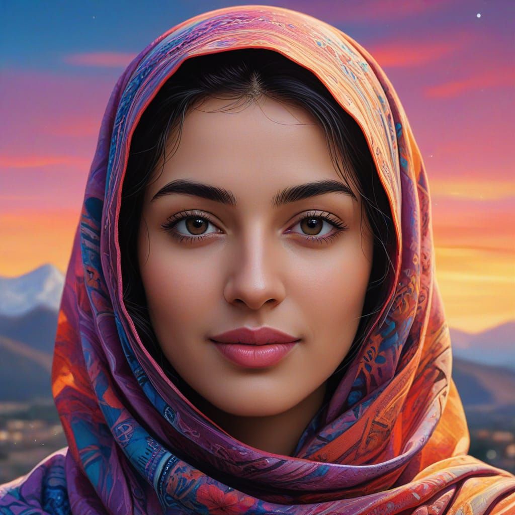 Elegant Young Muslim Woman in Sunset Landscape