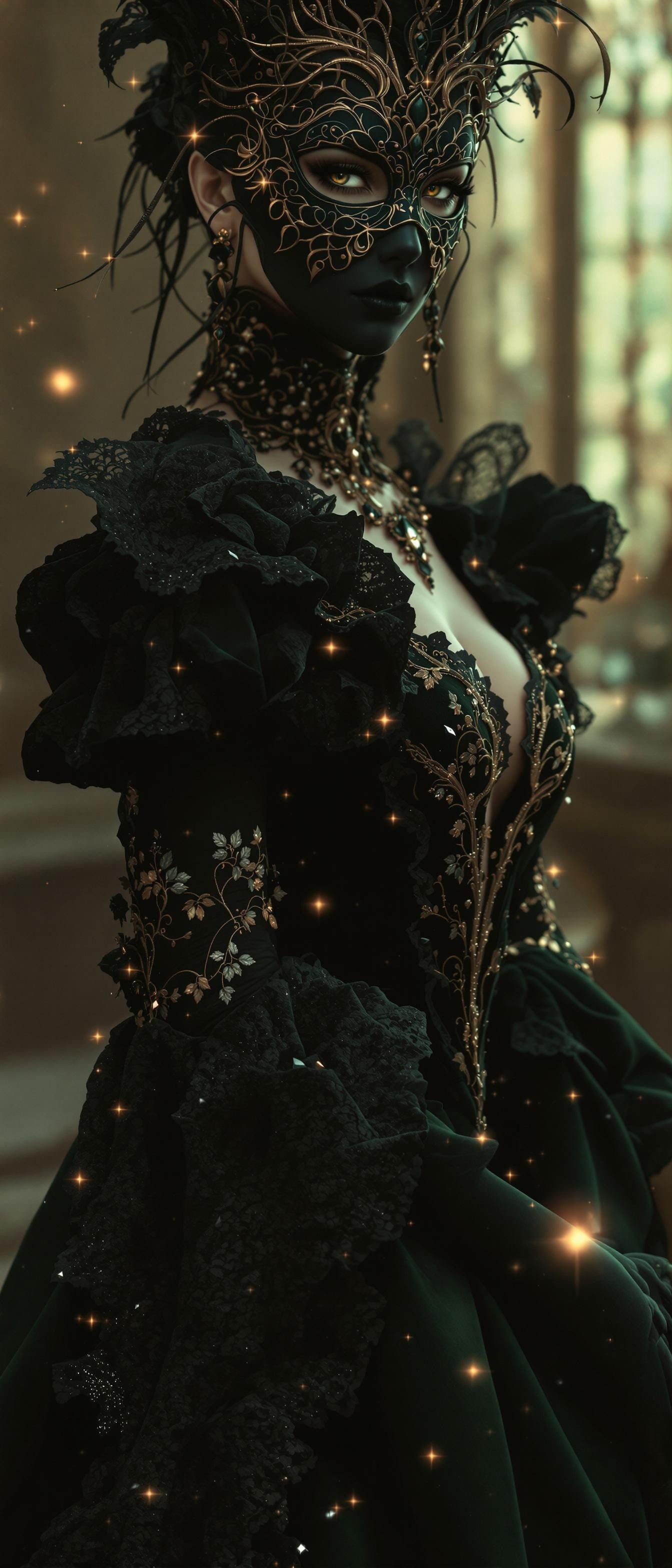 Ethereal Victorian Lady in Luxurious Velvet Gown with Golden...