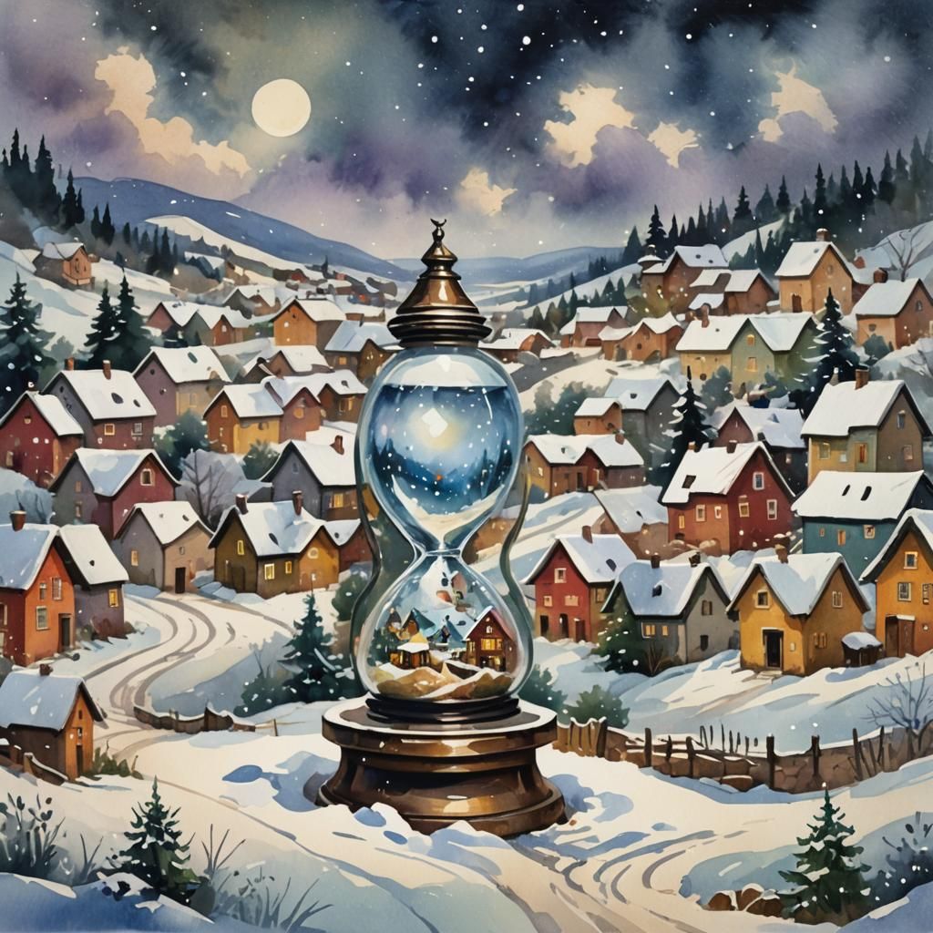 Snowy Hourglass Village in Gouache Style