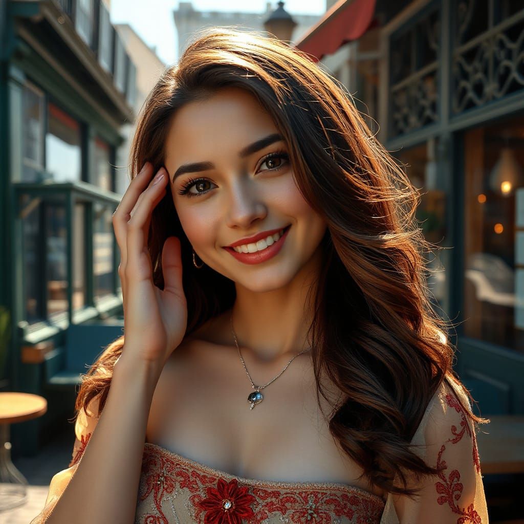 Smiling Brunette Woman in French Cafe, Sunlight Portrait