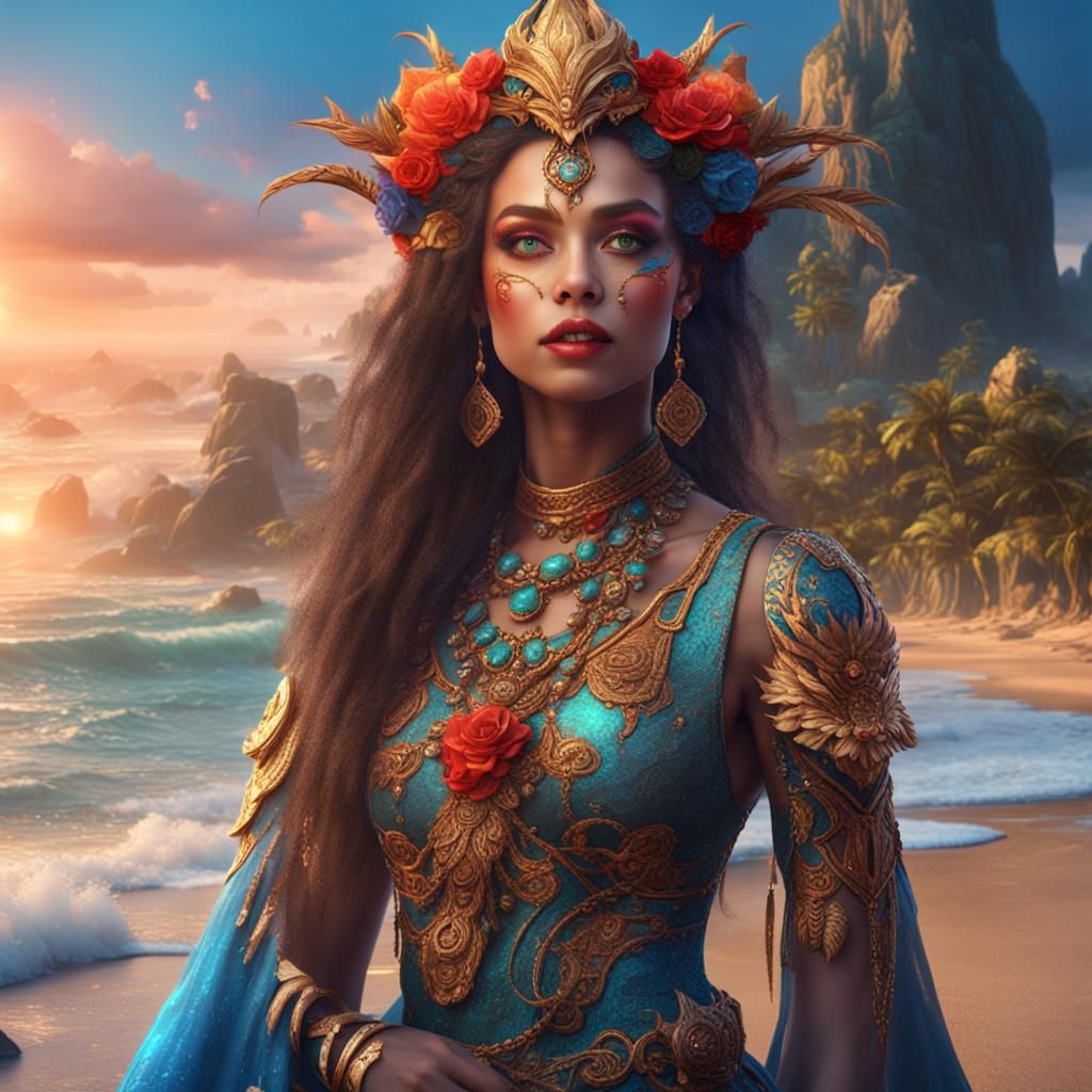 Girl with Bright Makeup on a Beach