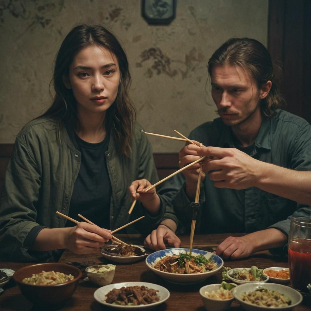 Russians Eating with Chopsticks: Cinematic Film Still