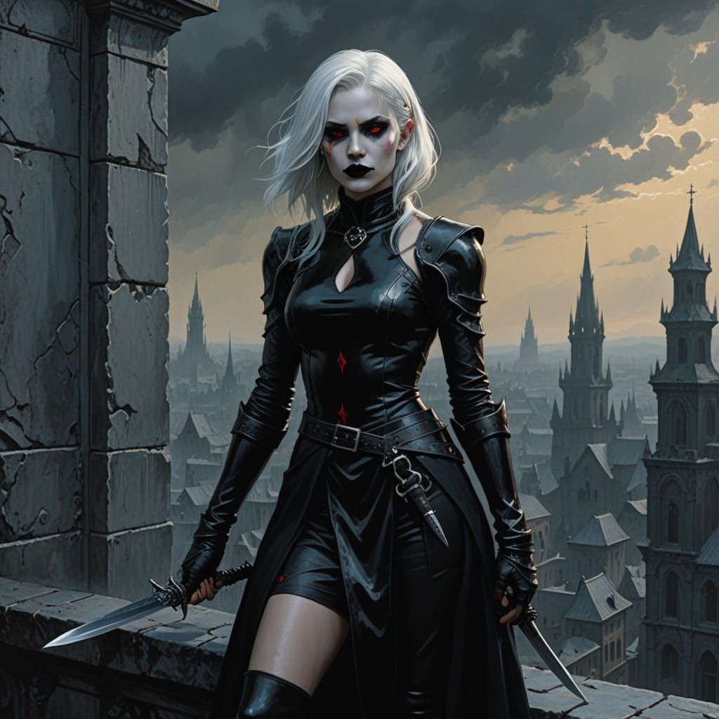 a beautiful goth woman with white hair, red eyes, black lips...