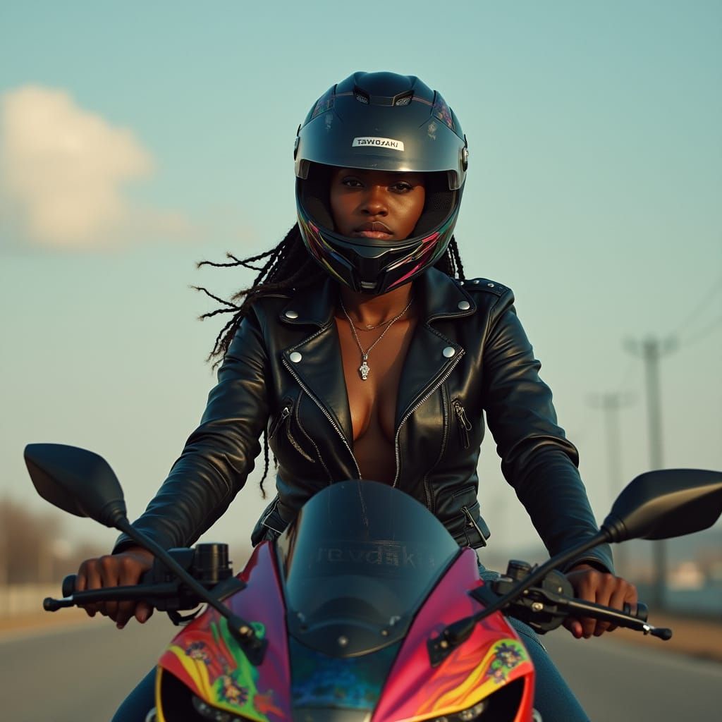 Black Woman on Motorcycle, Photorealistic Style