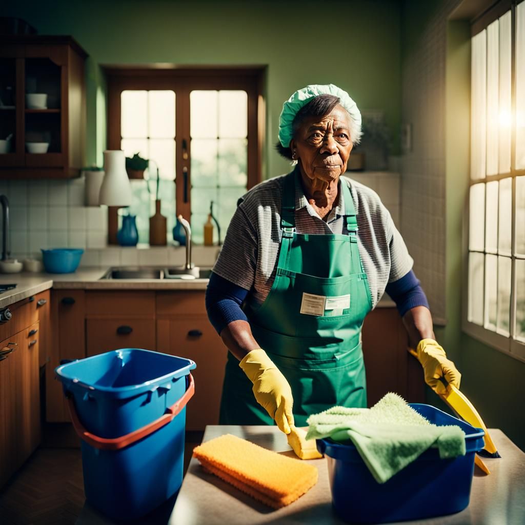 Candid Portrait of Cleaning Lady, Cinematic Film Still