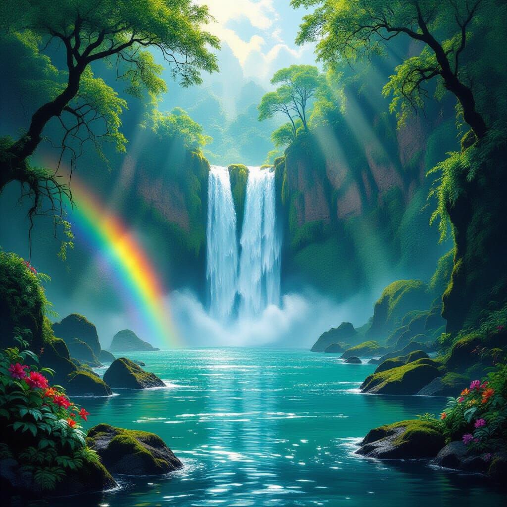 Majestic Waterfall Plunges into Jade Pool in Rainforest