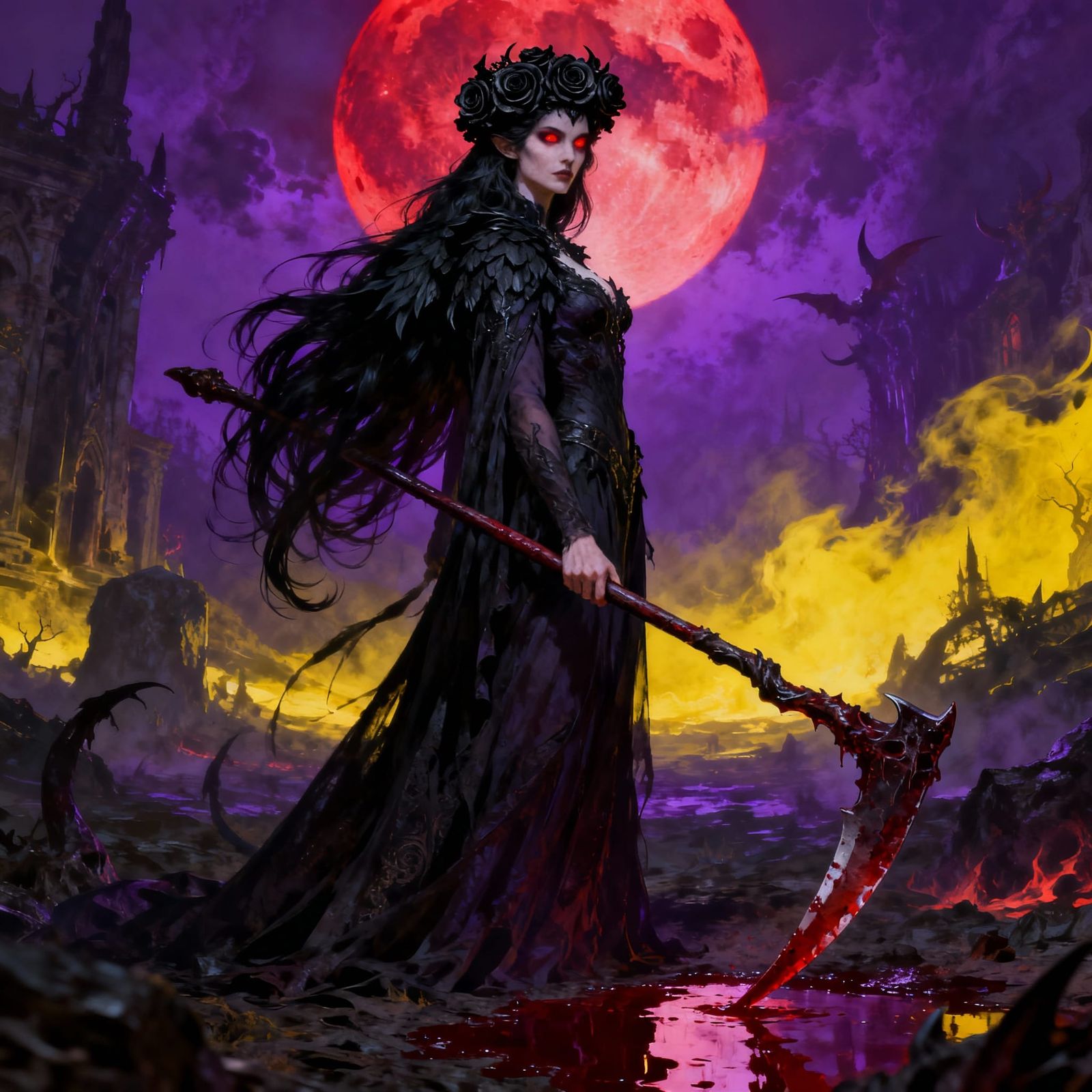 Demonic Morgana Le Fay in Hellscape with Bloody Scythe
