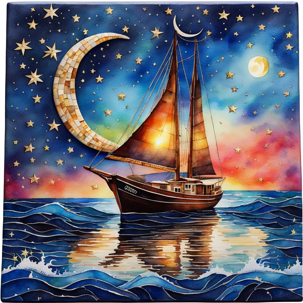 Sailboat at Night with Dolphins, Watercolor Art