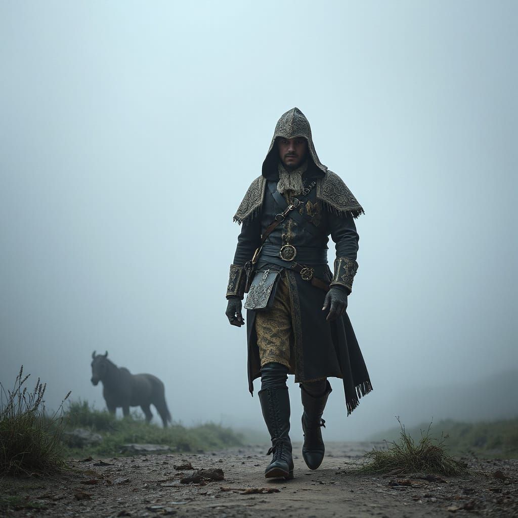 Ornate Figure in Misty Landscape, Hyperrealistic Style