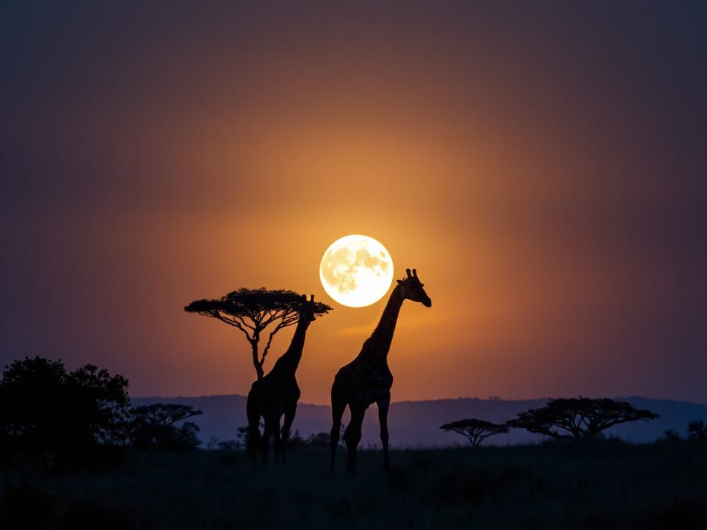 Giraffe Silhouettes Under a Silver Moon