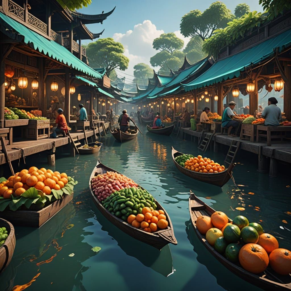 Fantastical Bangkok Floating Market Scene in Vibrant Colors