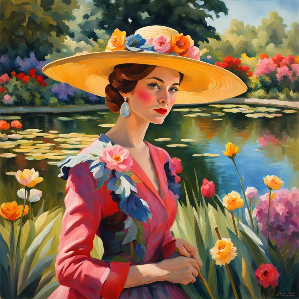 Woman with Fancy Hat in Impressionist Garden