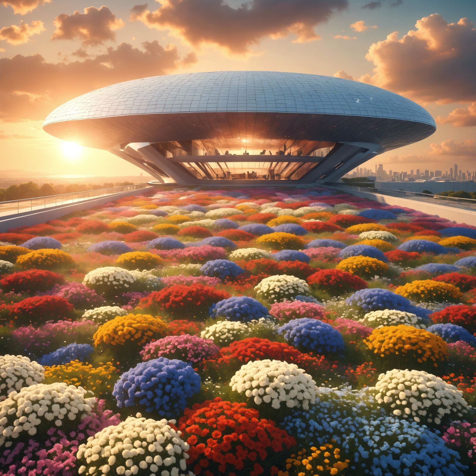 Futuristic Building with Rooftop Flower Garden at Sunset