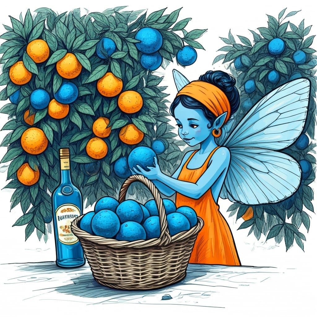 Vibrant Blue Fairy Selects Rare Blue Oranges in Whimsical Sk...