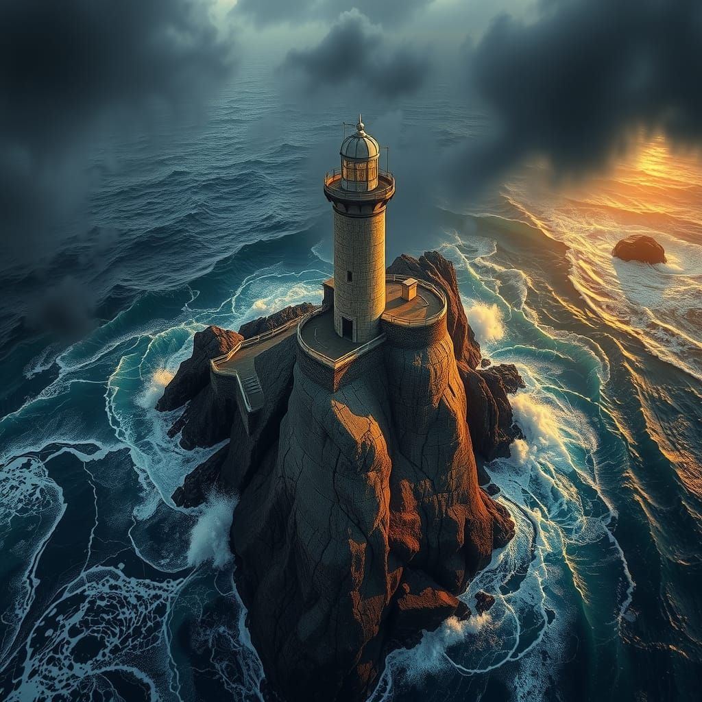 Lighthouse on Rock in Romantic Hyper-Realism