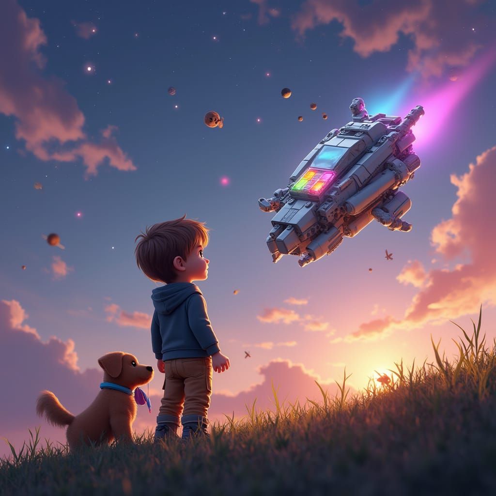 Boy and Dog Watch Lego Spaceship at Twilight