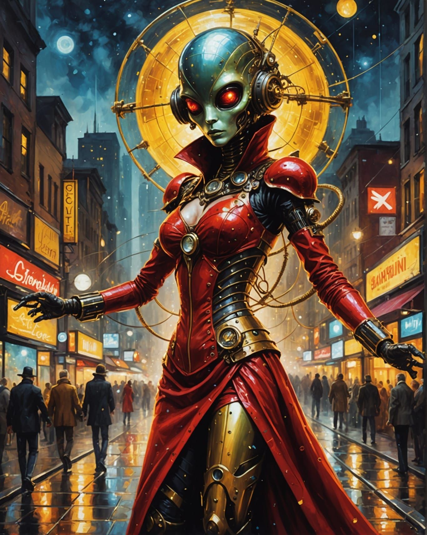 Steampunk Alien Disco Dance, Oil Painting Style