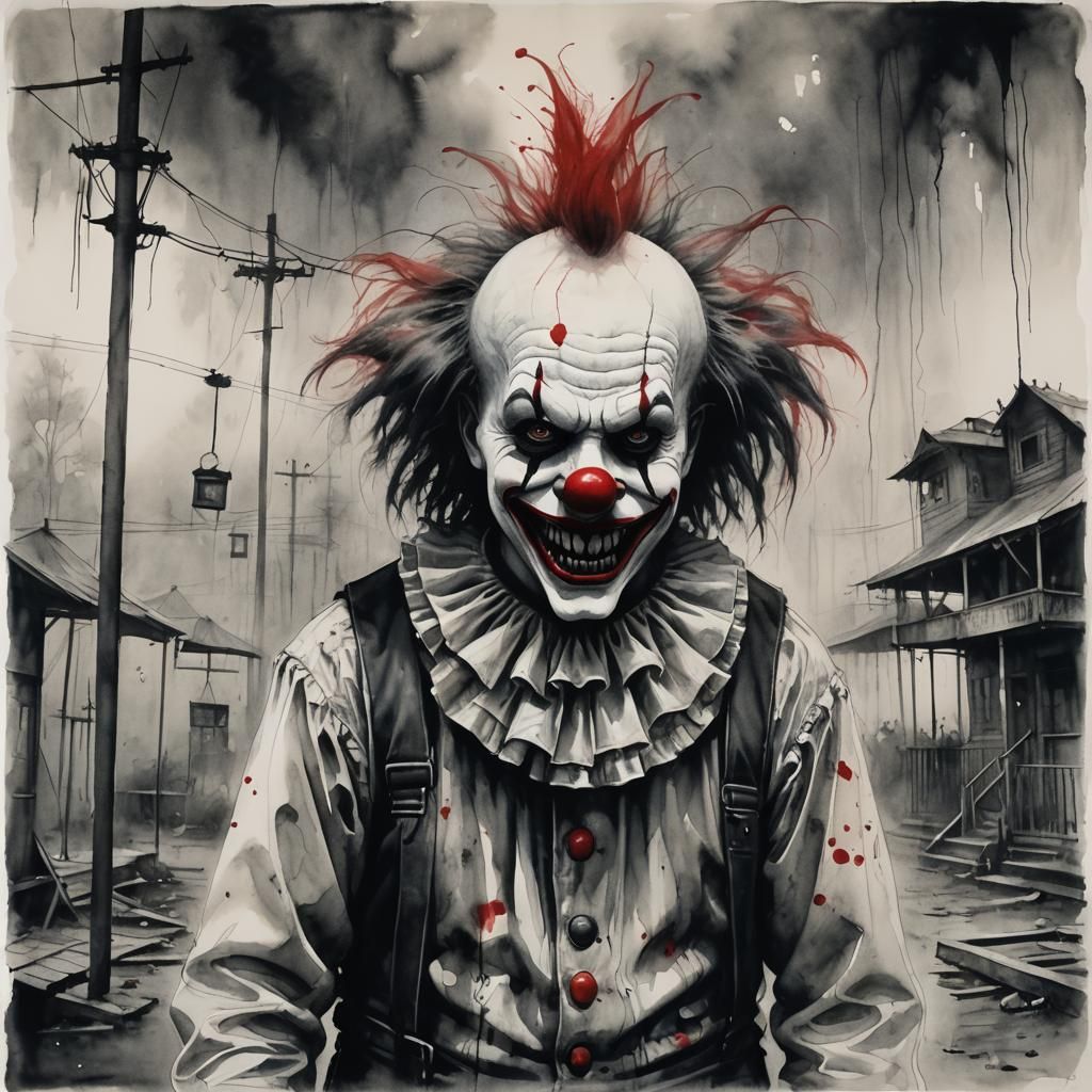 Demonic Clown in Abandoned Park, Gammell-Style Watercolor