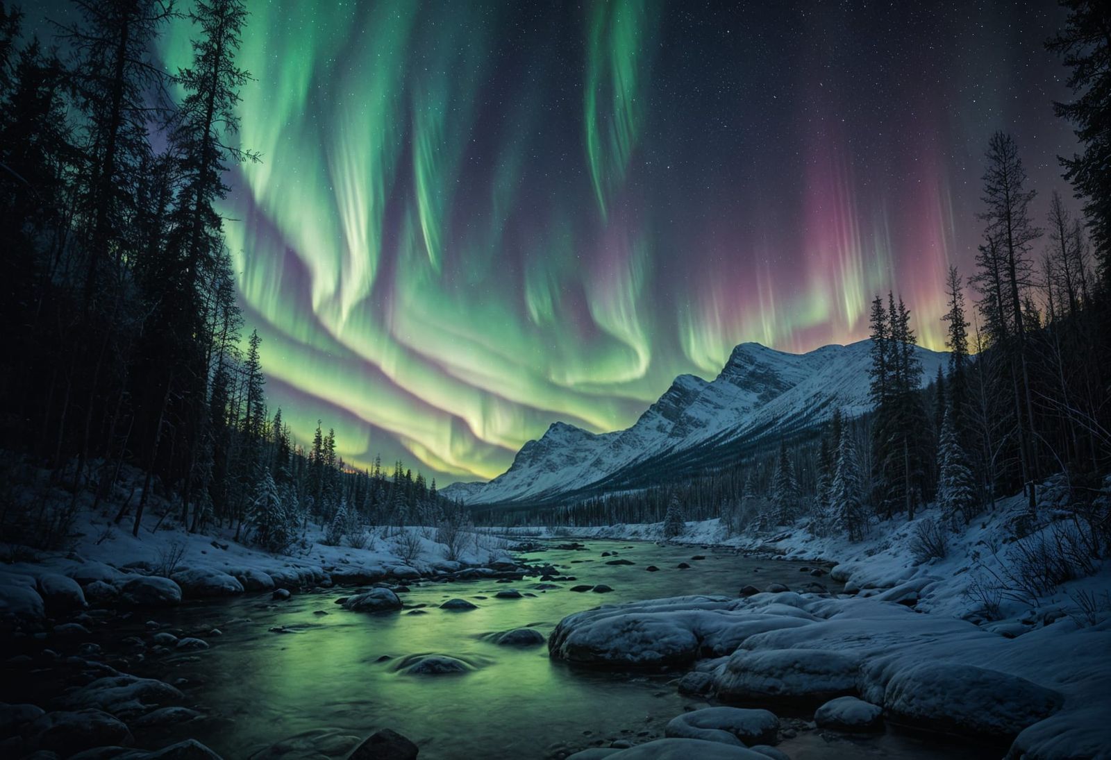 Aurora Borealis Over Mountain Stream