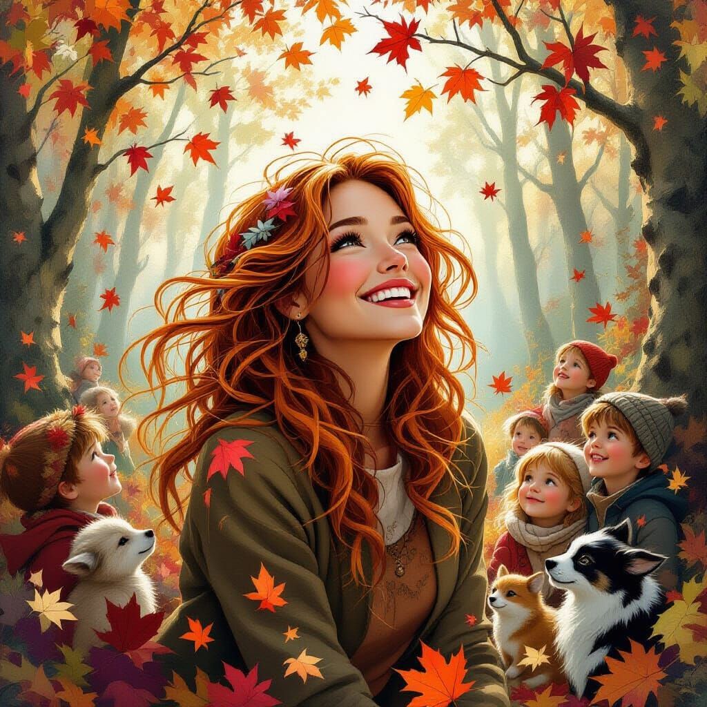 Autumnal Woman in Whimsical Forest, Ethereal Lighting
