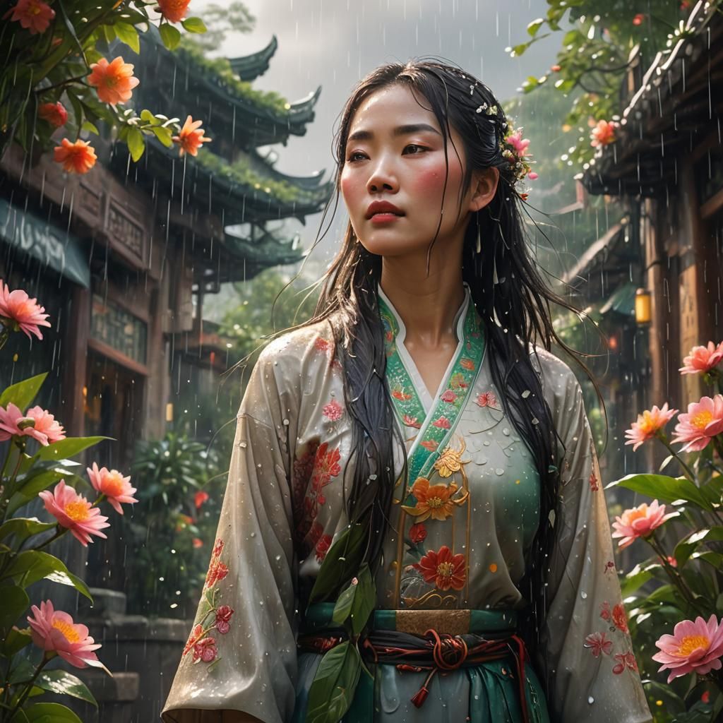 Chinese Girl in Summer Rain: Art Nouveau Fantasy