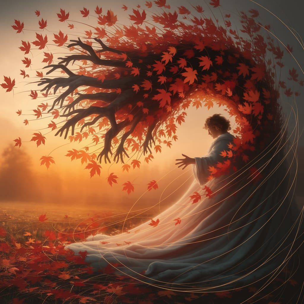 Crimson and Gold Leaves Swirl in Autumnal Gust