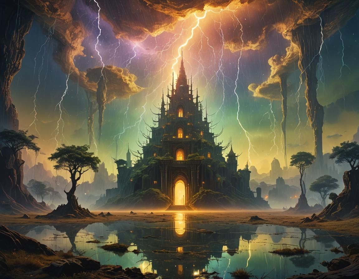 Mystical Oasis with Lightning Particles in Dreamy Art