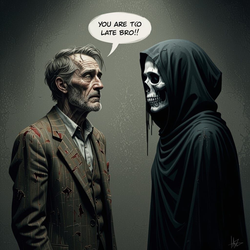 Man Confronts Death with Defiance: Noir-Inspired Art