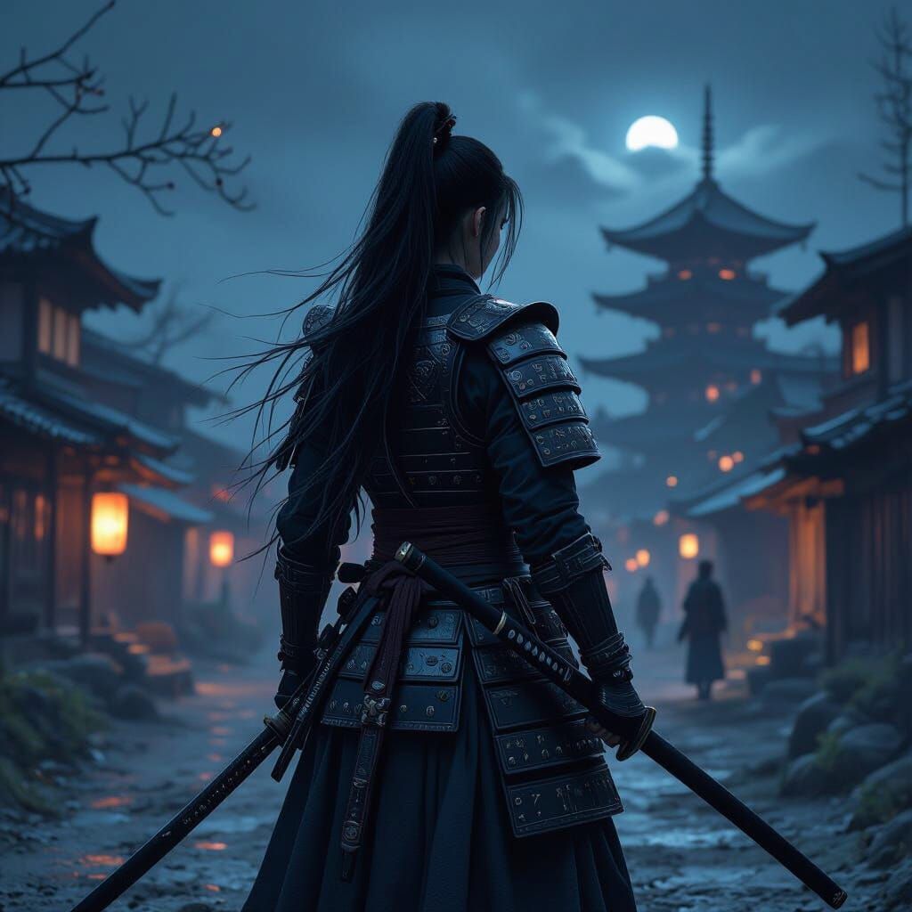Female Samurai in Dark Armor, Epic Village Scene