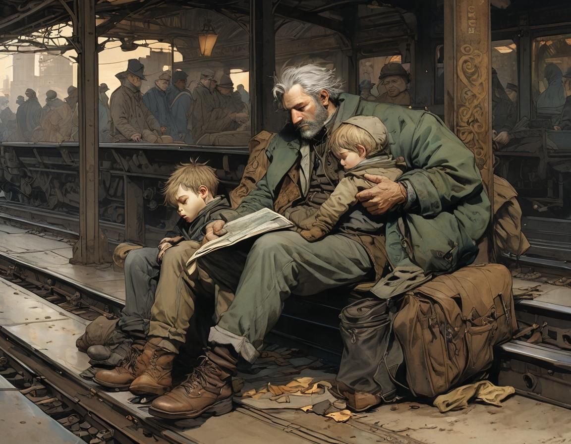 Boy Sleeps at Station: Hyperrealistic Concept Art