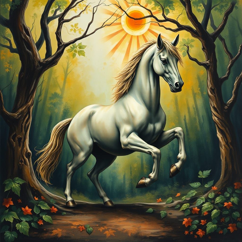 Centaur Charging Through Mystical Art Deco Forest