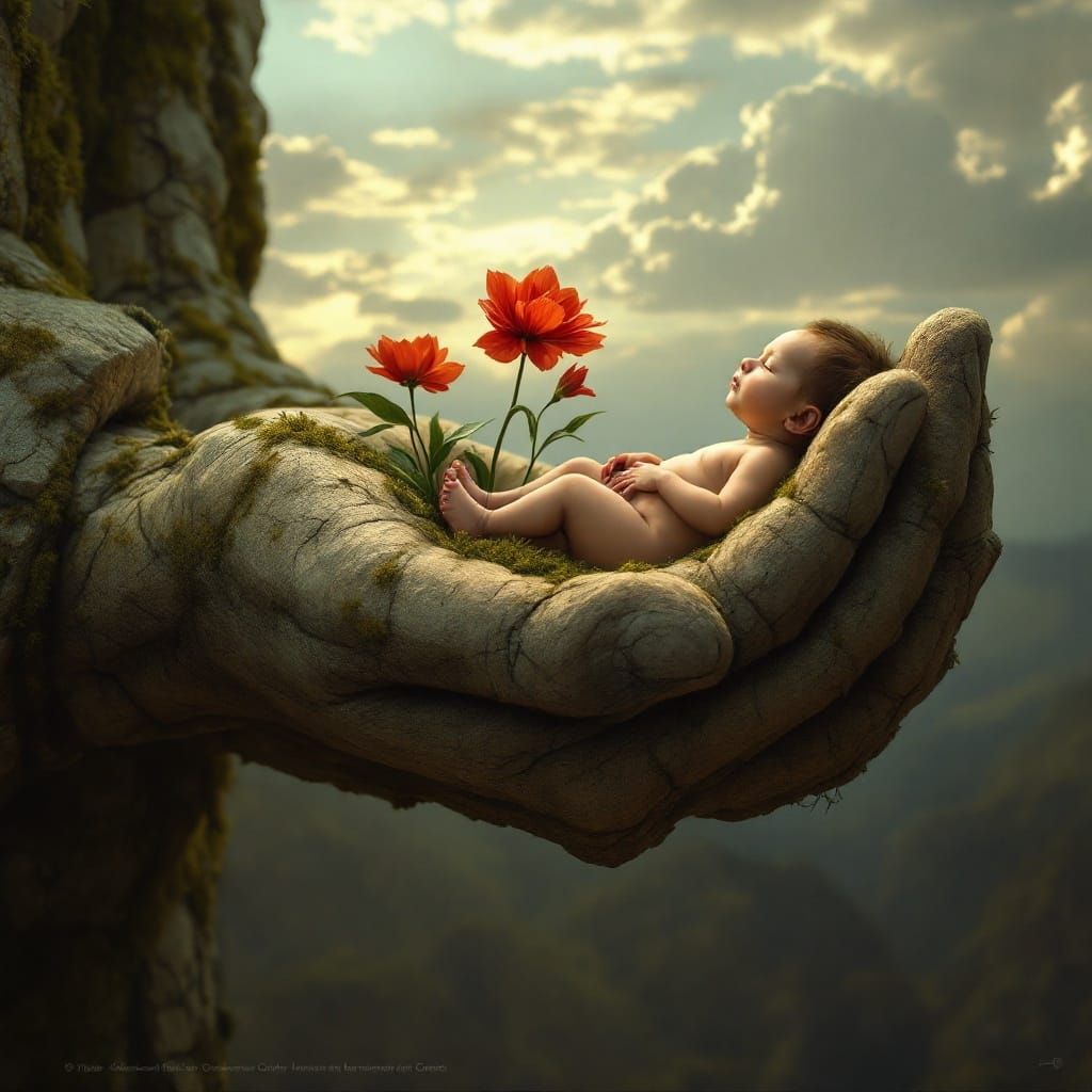 Ancient Hand Cradles Life in Vibrant, Dreamlike Scene