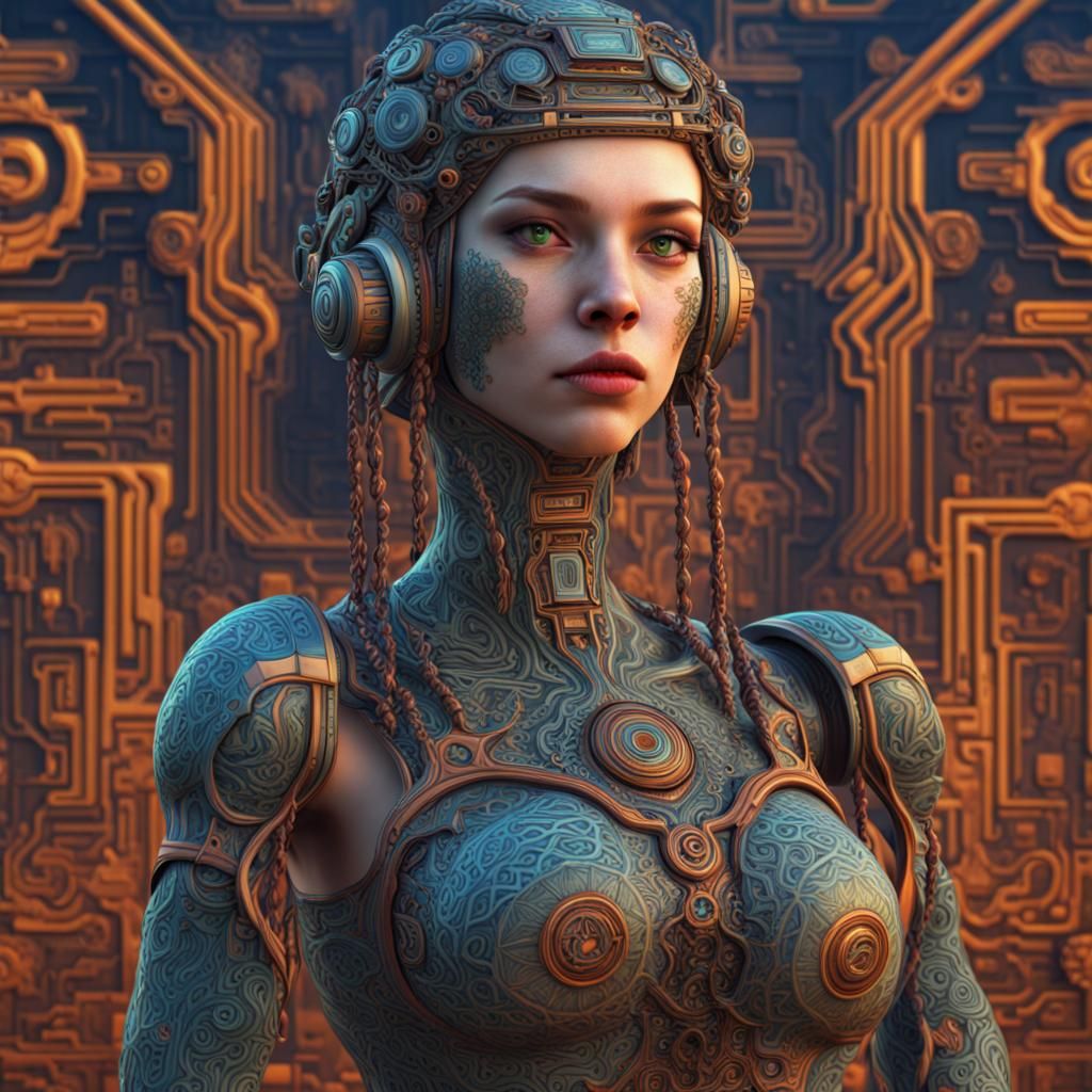 Celtic Robot Pattern Girl in Hyperrealistic Style