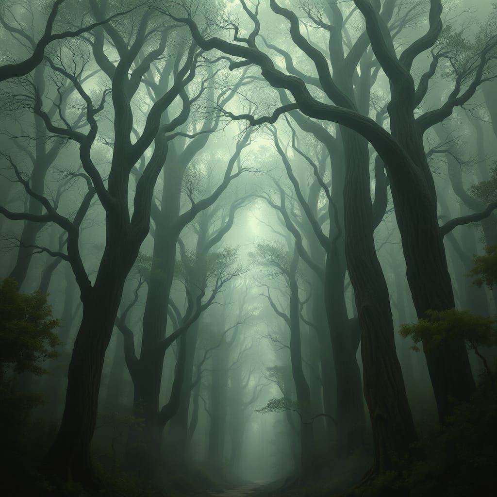 Ancient Forest Cathedral Bathed in Ethereal Fog