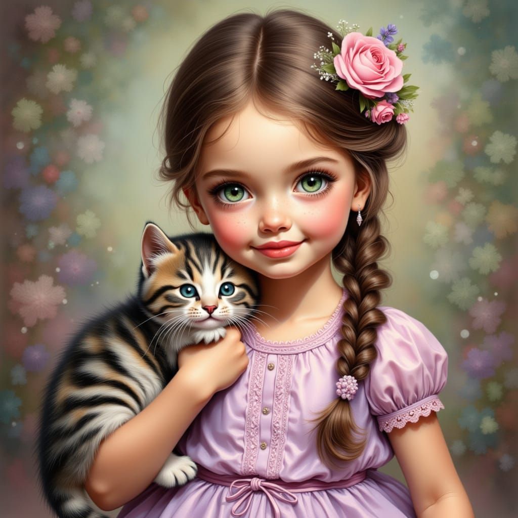 Girl in Pink and Lavender Dress Holding Kitten, Wet Watercol...