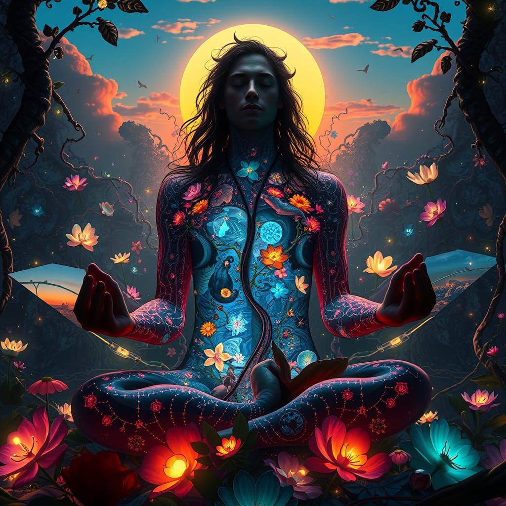 Dreamlike Surrealist Landscape with Mystical Creatures and V...