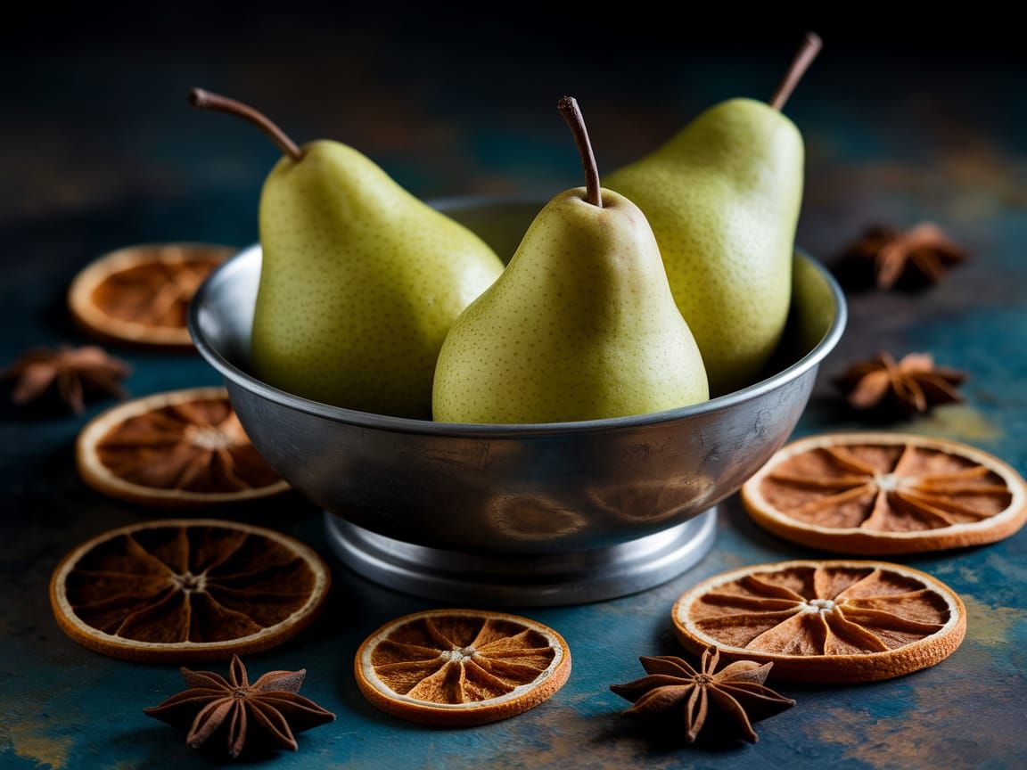 Ripe Pears in Vintage Metal Bowl, Rustic Still Life
