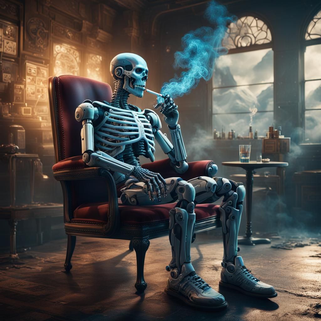 X-ray shot of Cyborg smoking cigarette sitting on chair